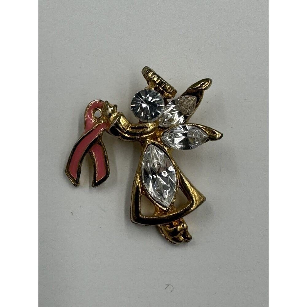 Gold Colored Rhinestone Angel Holding Awareness Ribbon Lapel Pin